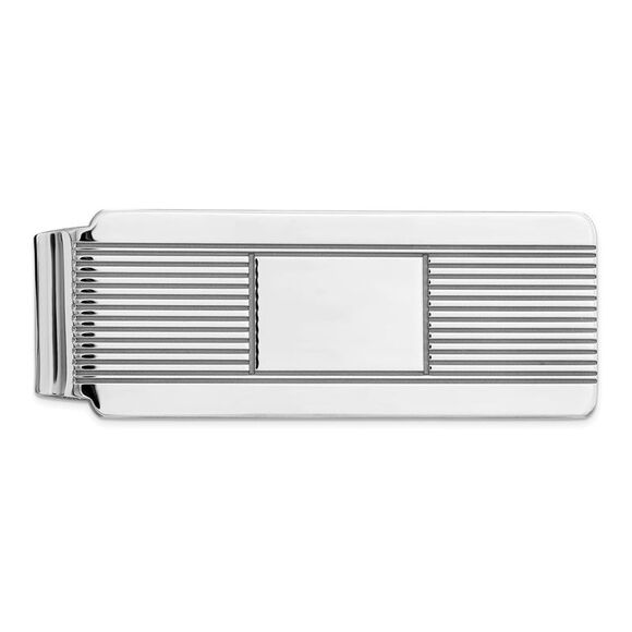 Rhodium Plated Sterling Silver Polished & Striped Fold Over Money Clip - Picture 1 of 3